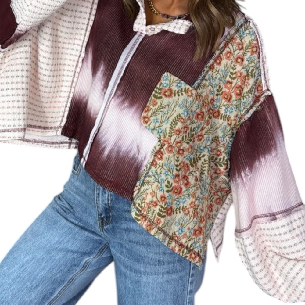 🌸POL L Wildberry Patchwork and Cream Floral Tie-Dye Top P004 - Picture 4 of 8